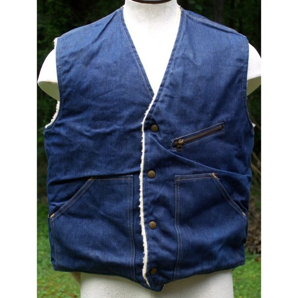 VTG 70s 80s Come On Strong Men L Sherpa Lined Blue Jean Vest Ranch Denim Western - Picture 2 of 15